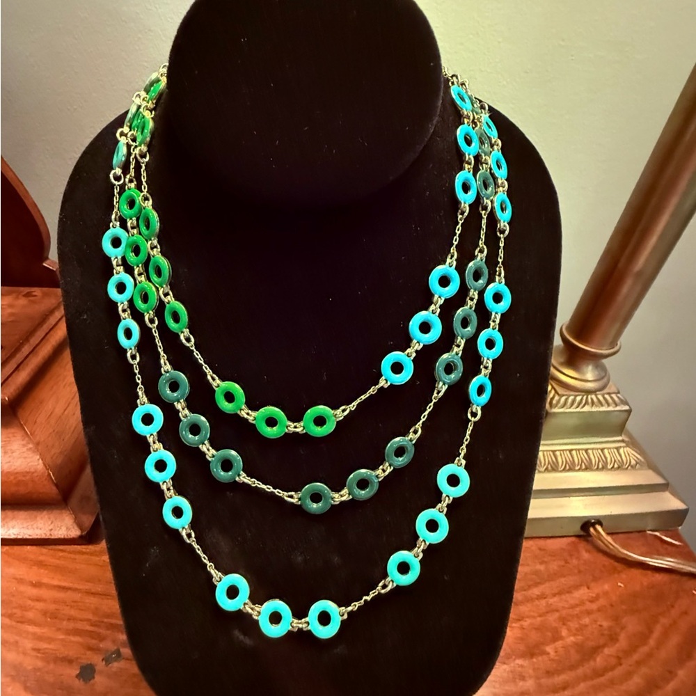 J. Crew Shades of Green Enamel Circles w/ 18k Gold plated Chain Necklace 28” - Picture 2 of 4